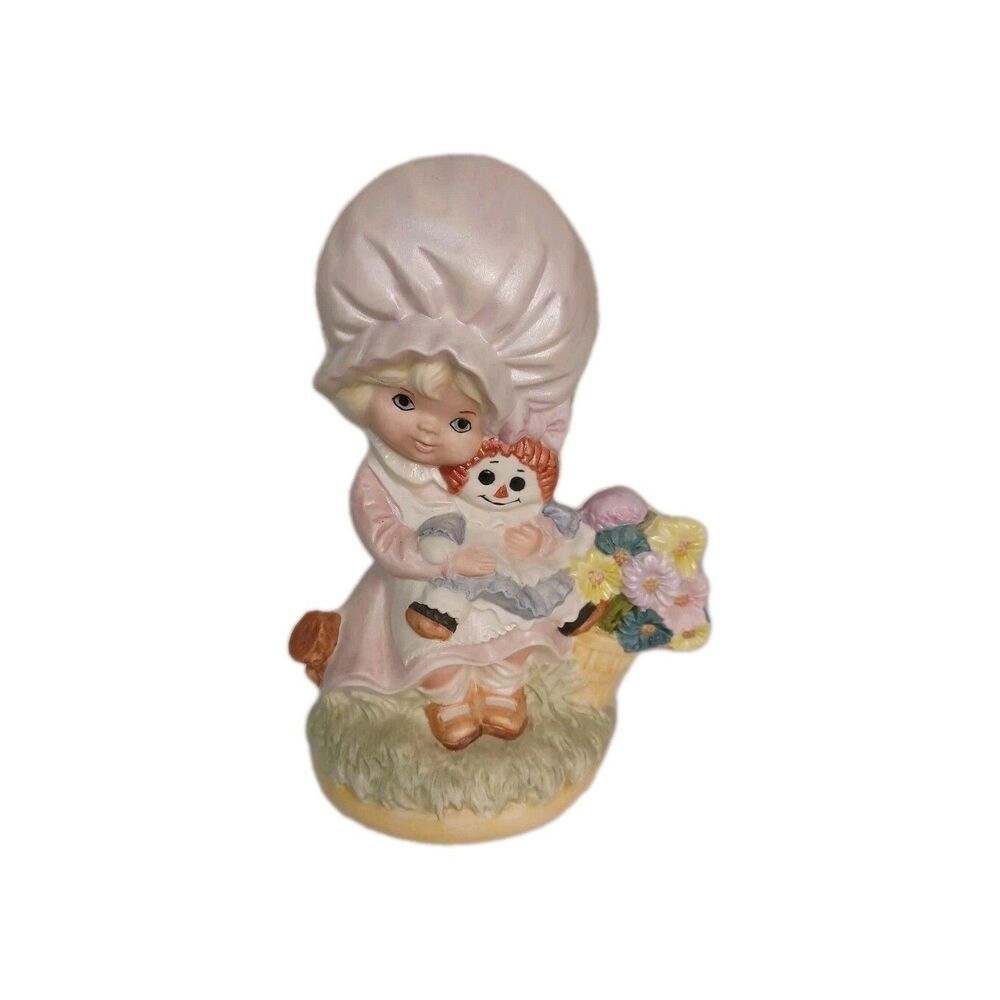 Vintage 70s Coquette Ceramic Figurine Big Bonnet Prairie Girl Raggedy Ann Doll